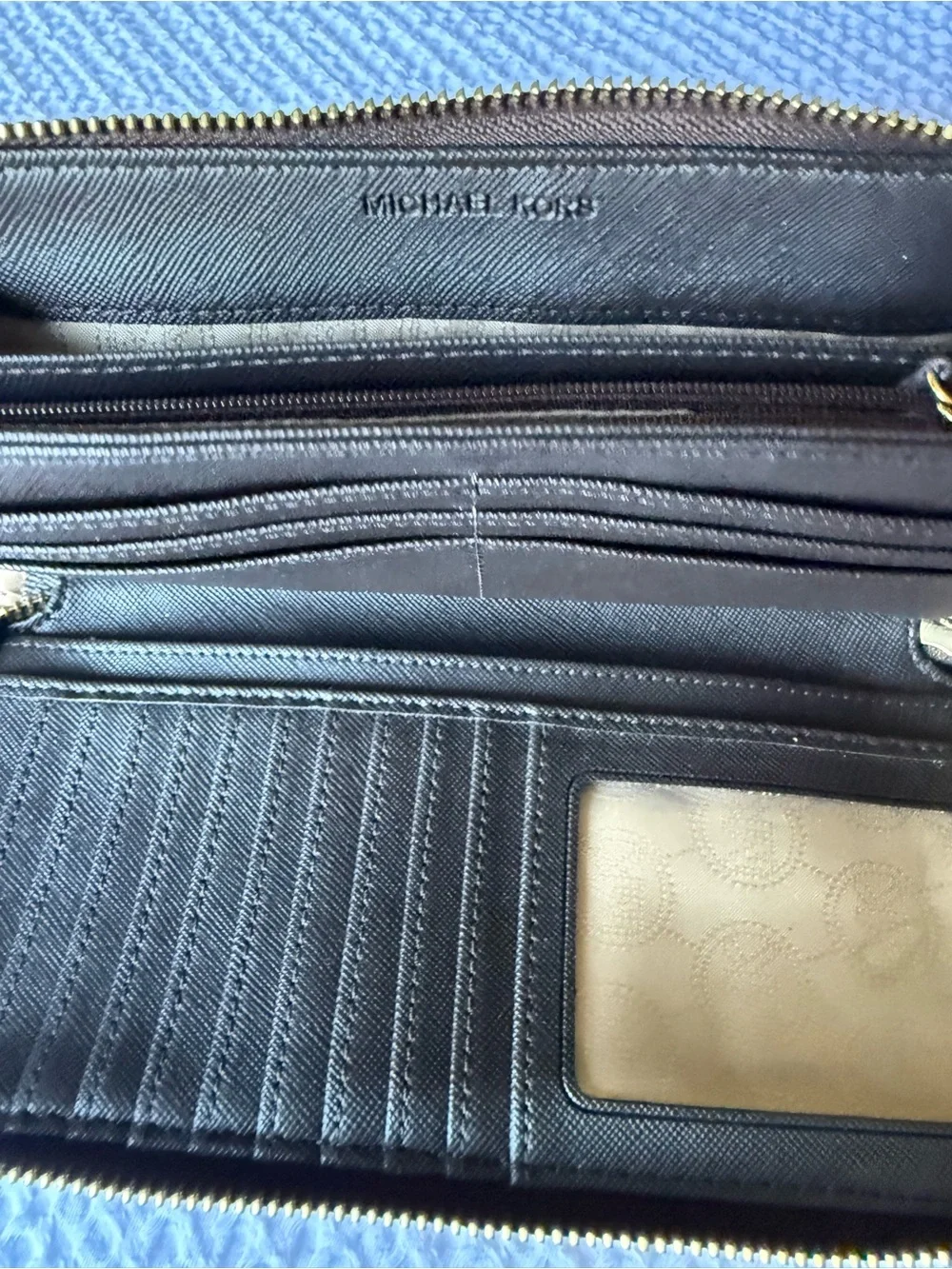 Michael Kors Black Pebble Leather Wristlet with Gold Plate and Taupe Strap